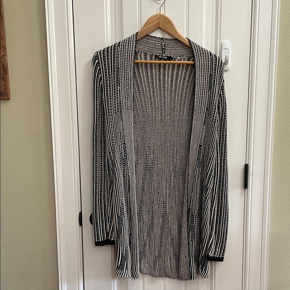 NIC+ZOE Black and Cream Open-Front Striped Knit Cardigan